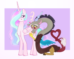 Size: 2000x1588 | Tagged: safe, artist:pigzfairy, discord, princess celestia, g4, :p, blushing, cute, discute, eyes on the prize, frown, hair over one eye, heart, lidded eyes, male, missing accessory, praise the sun, ship:dislestia, shipping, smiling, squishy cheeks, straight, tongue out, unamused, unshorn fetlocks