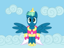 Size: 6000x4500 | Tagged: safe, artist:disty dusk, sky stinger, pegasus, pony, g4, top bolt, absurd resolution, clothes, coronation dress, crossdressing, crown, dress, heart eyes, horseshoes, jewelry, looking at you, male, princess, princess of flying, regalia, smiling, solo, spread wings, stallion, wingding eyes, wings