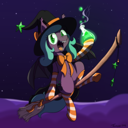 Size: 1125x1125 | Tagged: safe, artist:tehflah, oc, oc only, oc:wicked ways, bat pony, pony, broom, cape, clothes, flask, flying, flying broomstick, hat, open mouth, potion, smiling, socks, solo, striped socks, witch hat
