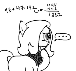 Size: 640x600 | Tagged: safe, artist:ficficponyfic, oc, oc only, oc:emerald jewel, earth pony, pony, colt quest, child, colt, cyoa, foal, grayscale, grimace, hair over one eye, male, math, monochrome, solo, story included, thinking