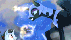 Size: 533x300 | Tagged: safe, artist:equum_amici, artist:silfoe, nightmare moon, princess celestia, alicorn, pony, royal sketchbook, g4, absurd file size, absurd gif size, animated, candy, cinemagraph, clothes, costume, distraction, doppelganger, ethereal mane, female, foal, food, gif, glowing horn, halloween costume, horn, horseshoes, magic, mare, nightmare night, pumpkin bucket, sneaking, telekinesis, trick or treat