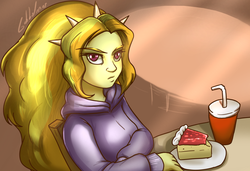 Size: 1200x820 | Tagged: safe, artist:gabbslines, adagio dazzle, equestria girls, g4, cake, chair, cheesecake, clothes, cup, dessert, drink, female, hoodie, plate, sitting, solo, straw, table