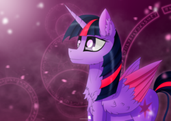 Size: 1024x724 | Tagged: safe, artist:simonk0, twilight sparkle, alicorn, pony, g4, chest fluff, colored wings, colored wingtips, ear fluff, female, magic, magic circle, solo, twilight sparkle (alicorn)