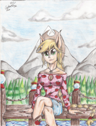 Size: 1024x1346 | Tagged: safe, artist:x-force02ranger, applejack, equestria girls, g4, my little pony equestria girls: legend of everfree, camp fashion show outfit, female, mountain, ponied up, sitting, solo, traditional art, water