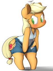 Size: 1280x1707 | Tagged: safe, artist:captainpudgemuffin, artist:purple-yoshi-draws, edit, applejack, earth pony, pony, semi-anthro, g4, adorasexy, applebucking thighs, arm hooves, bipedal, blushing, chubby, clothes, cute, female, jackabetes, looking back, plump, sexy, shorts, solo, tank top, torn clothes, wardrobe malfunction