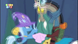 Size: 480x270 | Tagged: safe, screencap, discord, starlight glimmer, thorax, trixie, changeling, pony, unicorn, g4, to where and back again, animated, changeling hive, disguise, disguised changeling, fake discord, gif, tiny pop