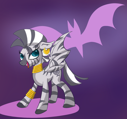 Size: 1426x1339 | Tagged: safe, artist:lyricjam, zecora, bat, bat pony, bat pony zebra, hybrid, zebra, g4, bat ponified, ear piercing, earring, female, halloween, jewelry, leg rings, mare, neck rings, nightmare night, piercing, purple background, race swap, simple background, solo, zecorabat