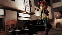 Size: 1920x1080 | Tagged: safe, artist:razethebeast, sunset shimmer, equestria girls, g4, 3d, car, city, clothes, female, ford, ford mustang, jacket, leather jacket, scenery, solo, source filmmaker, walking
