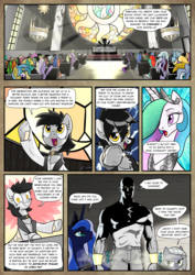 Size: 1363x1920 | Tagged: safe, artist:pencils, limestone pie, princess celestia, princess luna, oc, oc:anon, oc:padlock, alicorn, earth pony, human, pony, unicorn, comic:anon's pie adventure, g4, belt, belt buckle, bracer, choker, church, clerical robes, clothes, comic, crown, dialogue, discussion in the comments, female, frog (hoof), glowing eyes, greek, human male, jewelry, looking back, male, mare, mind control, necklace, open mouth, pants, partial color, podium, pointing, praise the sun, regalia, robes, shirt, shit just got real, sitting, smiling, speech bubble, stained glass, stallion, translated in the comments, underhoof