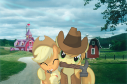 Size: 1190x792 | Tagged: safe, artist:appleandmuffin, applejack, braeburn, g4, hammer, irl, mouth hold, photo, ponies in real life