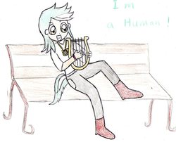 Size: 1416x1145 | Tagged: safe, anonymous artist, lyra heartstrings, human, g4, female, grin, happy, humanized, lyre, smiling, solo, tailed humanization, traditional art