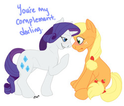 Size: 400x343 | Tagged: safe, artist:malamutts, applejack, rarity, earth pony, pony, unicorn, g4, bedroom eyes, blushing, dialogue, female, lesbian, mare, ship:rarijack, shipping, simple background, smiling, white background