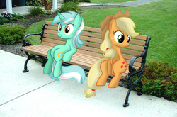 Size: 800x527 | Tagged: safe, artist:appleandmuffin, applejack, lyra heartstrings, g4, bench, irl, photo, ponies in real life, sitting lyra