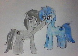 Size: 422x307 | Tagged: safe, artist:kenos, oc, oc only, oc:kenos, oc:meno, earth pony, pony, unicorn, boop, tongue out, traditional art