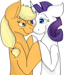 Size: 1900x2207 | Tagged: safe, artist:g-elric, applejack, rarity, earth pony, pony, unicorn, g4, female, holding hooves, lesbian, looking at each other, mare, one eye closed, ship:rarijack, shipping, simple background, smiling, transparent background