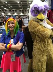 Size: 718x960 | Tagged: safe, artist:rainbow-pastel, gilda, rainbow dash, griffon, human, g4, clothes, cosplay, costume, equestria girls outfit, fursuit, irl, irl human, photo, pony ears
