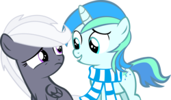 Size: 14663x8554 | Tagged: safe, artist:cyanlightning, oc, oc only, oc:aureai gray, oc:cyan lightning, pegasus, pony, unicorn, g4, .svg available, absurd resolution, clothes, colt, female, filly, foal, looking at each other, looking at someone, male, male and female, scarf, simple background, transparent background, vector