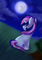 Size: 1024x1463 | Tagged: safe, artist:sugguk, oc, oc only, oc:brightstar sentry, pony, unicorn, horn, looking up, moon, night, sitting, solo, unicorn oc