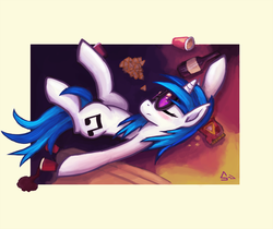 Size: 1500x1258 | Tagged: safe, artist:sevoohypred, dj pon-3, vinyl scratch, g4, chips, female, food, nachos, sleeping, solo