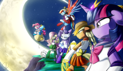 Size: 2150x1250 | Tagged: safe, artist:phuocthiencreation, applejack, fluttershy, pinkie pie, rainbow dash, rarity, twilight sparkle, alicorn, pony, anime, balloon, bipedal, boots, clothes, cowboy hat, crescent moon, crossover, cute, dress, hat, lasso, magic wand, magical girl, mane six, moon, night sky, pleated skirt, sailor moon, sailor twilight, signature, skirt, stars, stetson, twilight sparkle (alicorn)