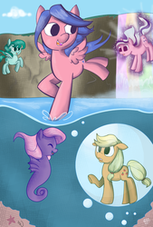 Size: 800x1185 | Tagged: safe, artist:prismaya, artist:starrenpiece, applejack (g1), firefly, medley, sealight, twilight, sea pony, g1, g4, rescue at midnight castle, bubble, eyes closed, female, flying, g1 to g4, generation leap, mare, raised hoof, smiling, spread wings, underwater, water, wings