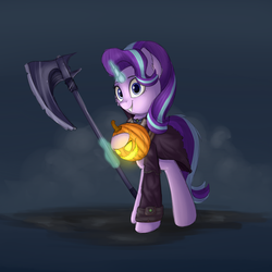 Size: 2000x2000 | Tagged: safe, artist:vanillaghosties, starlight glimmer, pony, unicorn, g4, axe, clothes, costume, ear fluff, female, glowing horn, grin, headless hecarim, hecarim, high res, horn, jack-o-lantern, league of legends, looking at you, magic, mare, nightmare night, pumpkin, smiling, solo, standing, telekinesis, weapon