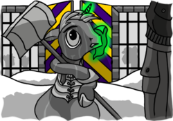 Size: 500x350 | Tagged: safe, artist:dantheman, oc, oc only, human, pony, unicorn, fanfic:chrysalis visits the hague, armor, barracks, breastplate, castle, chapter image, clothes, corporal punishment, fanfic, fanfic art, fimfiction, fimfiction.net link, fort, glowing horn, grid, gritted teeth, handkerchief, holding, horn, human in equestria, implied human, jacket, levitation, link in description, magic, military, military base, nervous, punishment, royal guard, scared, scarf, sergeant, shadow, shovel, sitting, snow, snow shovel, soldier, sweat, telekinesis, uniform, window