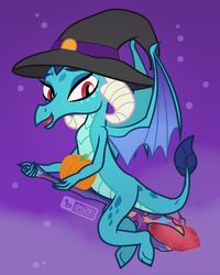 Size: 800x1000 | Tagged: safe, artist:dm29, princess ember, dragon, g4, bloodstone scepter, claws, dragon lord ember, dragon wings, dragoness, female, halloween costume, hat, horns, open mouth, pumpkin, solo, wings, witch, witch hat