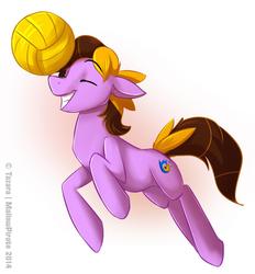 Size: 950x1024 | Tagged: safe, artist:mallowpirate, oc, oc only, oc:corduroy road, earth pony, pony, ball, cordy, cute, happy, jumping, male, purple, smiling, solo, sports, stallion, water, water polo