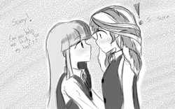 Size: 1280x800 | Tagged: safe, artist:angeltorchic, sunset shimmer, twilight sparkle, equestria girls, g4, blushing, clothes, dialogue, exclamation point, female, grayscale, lesbian, monochrome, school uniform, ship:sunsetsparkle, shipping, text