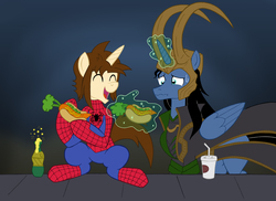 Size: 3000x2189 | Tagged: safe, artist:edcom02, artist:jmkplover, alicorn, pony, unicorn, carrot, carrot dog, crossover, duo, food, high res, loki, male, marvel, peter parker, ponified, spider-man