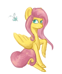 Size: 2300x2750 | Tagged: safe, artist:cinnamon-syrup, fluttershy, butterfly, g4, female, high res, looking away, raised hoof, simple background, sitting, solo, white background
