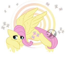 Size: 945x845 | Tagged: safe, artist:emanuelaa, fluttershy, g4, abstract background, cutie mark background, female, looking away, lying down, solo, spread wings