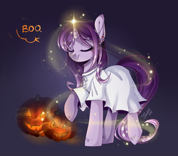 Size: 1024x896 | Tagged: safe, artist:ten-dril, oc, oc only, pony, unicorn, jack-o-lantern, magic, pumpkin, solo