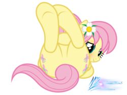 Size: 4000x3000 | Tagged: safe, artist:nightmaremoons, fluttershy, pegasus, pony, g4, adorasexy, alternate hairstyle, blushing, butt, cute, featureless crotch, female, flower, flower in hair, flutterbutt, looking at you, on back, plot, sexy, show accurate, shyabetes, simple background, solo, transparent background, underhoof