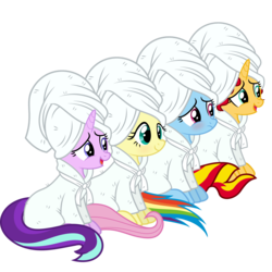 Size: 6000x6000 | Tagged: safe, artist:ggalleonalliance, artist:slb94, fluttershy, rainbow dash, starlight glimmer, sunset shimmer, pegasus, pony, unicorn, g4, absurd resolution, bathrobe, blushing, clothes, robe, show accurate, smiling, towel