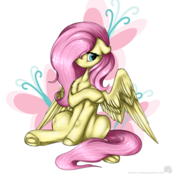 Size: 1639x1648 | Tagged: safe, artist:11-shadow, fluttershy, g4, chest fluff, covering, cute, cutie mark background, female, hair over one eye, looking away, shy, shyabetes, simple background, sitting, solo, spread legs, spread wings, spreading, transparent background, underhoof