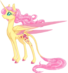 Size: 1545x1644 | Tagged: safe, artist:australian-senior, fluttershy, alicorn, pony, kirindos, g4, alicornified, alternate universe, colored hooves, colored wings, colored wingtips, female, fluttercorn, looking up, profile, race swap, simple background, solo, sparkles, spread wings, standing, transparent background
