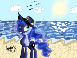 Size: 4032x3024 | Tagged: safe, artist:darkest-lunar-flower, princess luna, g4, beach, cloud, female, ocean, sand, solo, sun