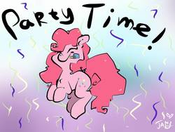 Size: 1600x1200 | Tagged: safe, artist:tamyarts, pinkie pie, pony, g4, confetti, cute, eyes closed, female, jumping, midair, mouth hold, party horn, ponk, smiling, solo