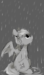 Size: 948x1600 | Tagged: safe, artist:tamyarts, oc, oc only, alicorn, pony, grayscale, looking up, monochrome, profile, rain, sitting, solo