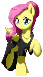 Size: 2210x3881 | Tagged: safe, artist:discorded-joker, fluttershy, g4, alternate hairstyle, black dress, clothes, costume, cute, dress, female, folded wings, high res, jewelry, looking at you, necklace, raised hoof, raised leg, shyabetes, simple background, smiling, solo, transparent background