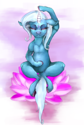 Size: 1004x1482 | Tagged: safe, artist:colorlesscupcake, trixie, pony, unicorn, g4, armpits, female, floppy ears, glowing horn, horn, lidded eyes, sitting, solo, underhoof