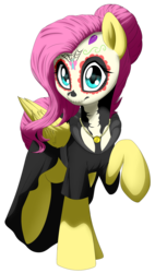Size: 2210x3881 | Tagged: safe, artist:discorded-joker, fluttershy, g4, alternate hairstyle, black dress, catrina (calavera garbancera), clothes, costume, cute, dia de los muertos, dress, female, high res, jewelry, looking at you, necklace, paint, raised hoof, shyabetes, simple background, solo, transparent background