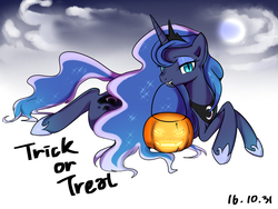 Size: 2400x1800 | Tagged: safe, artist:haden-2375, princess luna, g4, cloud, crescent moon, fangs, female, halloween, holiday, horseshoes, jack-o-lantern, lidded eyes, looking at you, moon, mouth hold, night, night sky, nightmare luna, nightmare night, prone, pumpkin, pumpkin bucket, slit pupils, solo, trick or treat