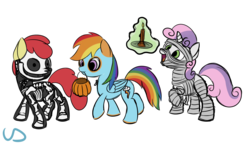 Size: 2932x1690 | Tagged: safe, artist:uber-dragon, apple bloom, rainbow dash, scootaloo, sweetie belle, g4, bone, candle, clothes, costume, cutie mark crusaders, glowing horn, halloween, holiday, horn, levitation, magic, mouth hold, mummy, nightmare night, pumpkin bucket, simple background, skeleton, skeleton costume, telekinesis, transparent background, trio
