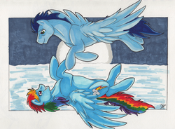 Size: 3167x2334 | Tagged: safe, artist:stormblaze-pegasus, rainbow dash, soarin', pony, g4, flying, high res, male, moon, ship:soarindash, shipping, straight