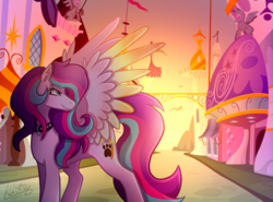 Size: 1892x1400 | Tagged: safe, artist:monnarcha, oc, oc only, pegasus, pony, canterlot, solo, spread wings, sunset
