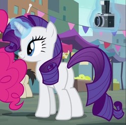 Size: 580x574 | Tagged: safe, screencap, lucky breaks, pinkie pie, rarity, pony, g4, the gift of the maud pie, butt, camera, cropped, female, magic, mare, plot, smiling