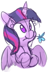 Size: 526x777 | Tagged: safe, artist:lilfunkman, twilight sparkle, alicorn, pony, g4, bust, cute, female, flower, flower in mouth, looking up, mouth hold, no pupils, simple background, sketch, smiling, solo, spread wings, twiabetes, twilight sparkle (alicorn), white background